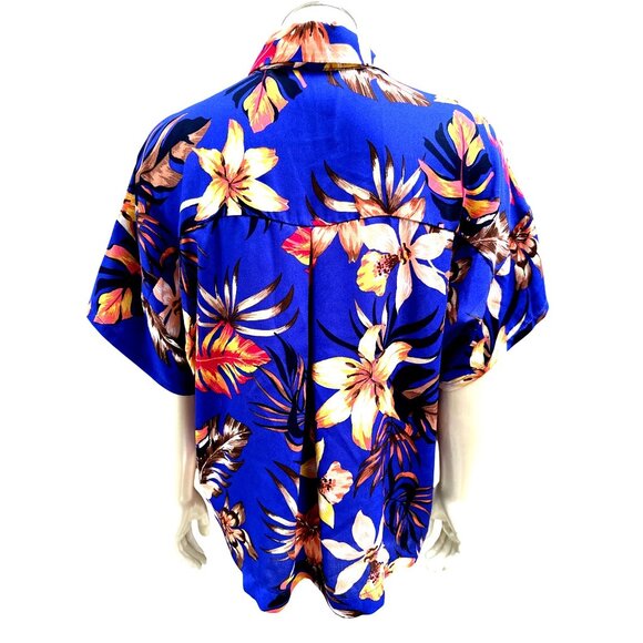 Lipslide Medium Royal Blue Floral Button Up Shirt Tropical Resort City Chic - Picture 4 of 9